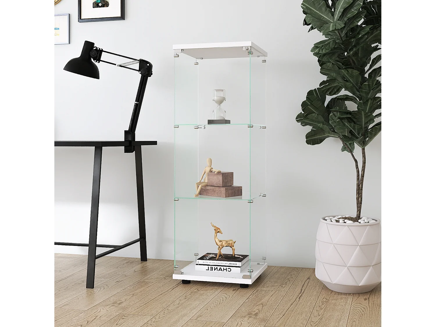 Vitrine de vidro com 3 prateleiras e 1 porta, armário para sala, quarto ou escritório. Estante autônoma branca, fácil instalação e estilo moderno