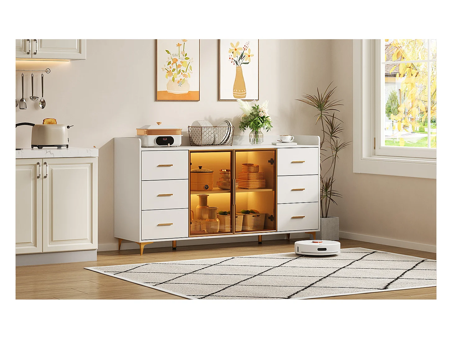 Armoire de cuisine moderne blanche 160x44x87 cm, 6 tiroirs portes en verre, LED, poignées métalliques, idéal cuisine, salon, chambre