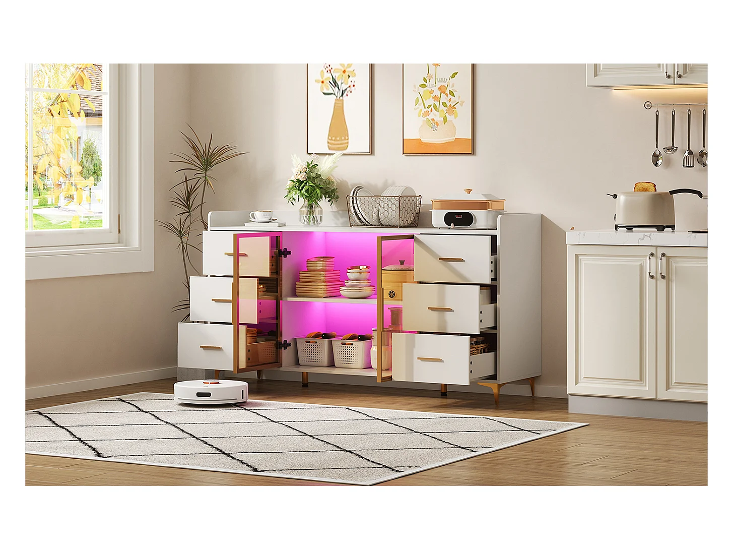 Armoire de cuisine moderne blanche 160x44x87 cm, 6 tiroirs portes en verre, LED, poignées métalliques, idéal cuisine, salon, chambre