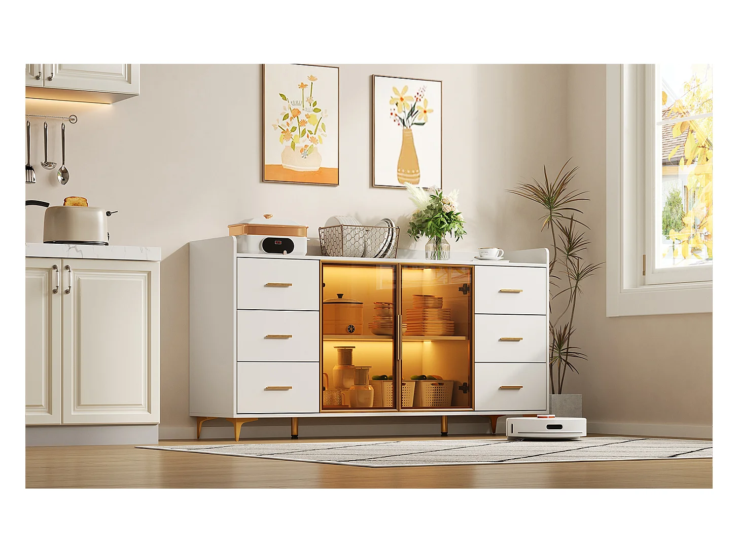 Armoire de cuisine moderne blanche 160x44x87 cm, 6 tiroirs portes en verre, LED, poignées métalliques, idéal cuisine, salon, chambre