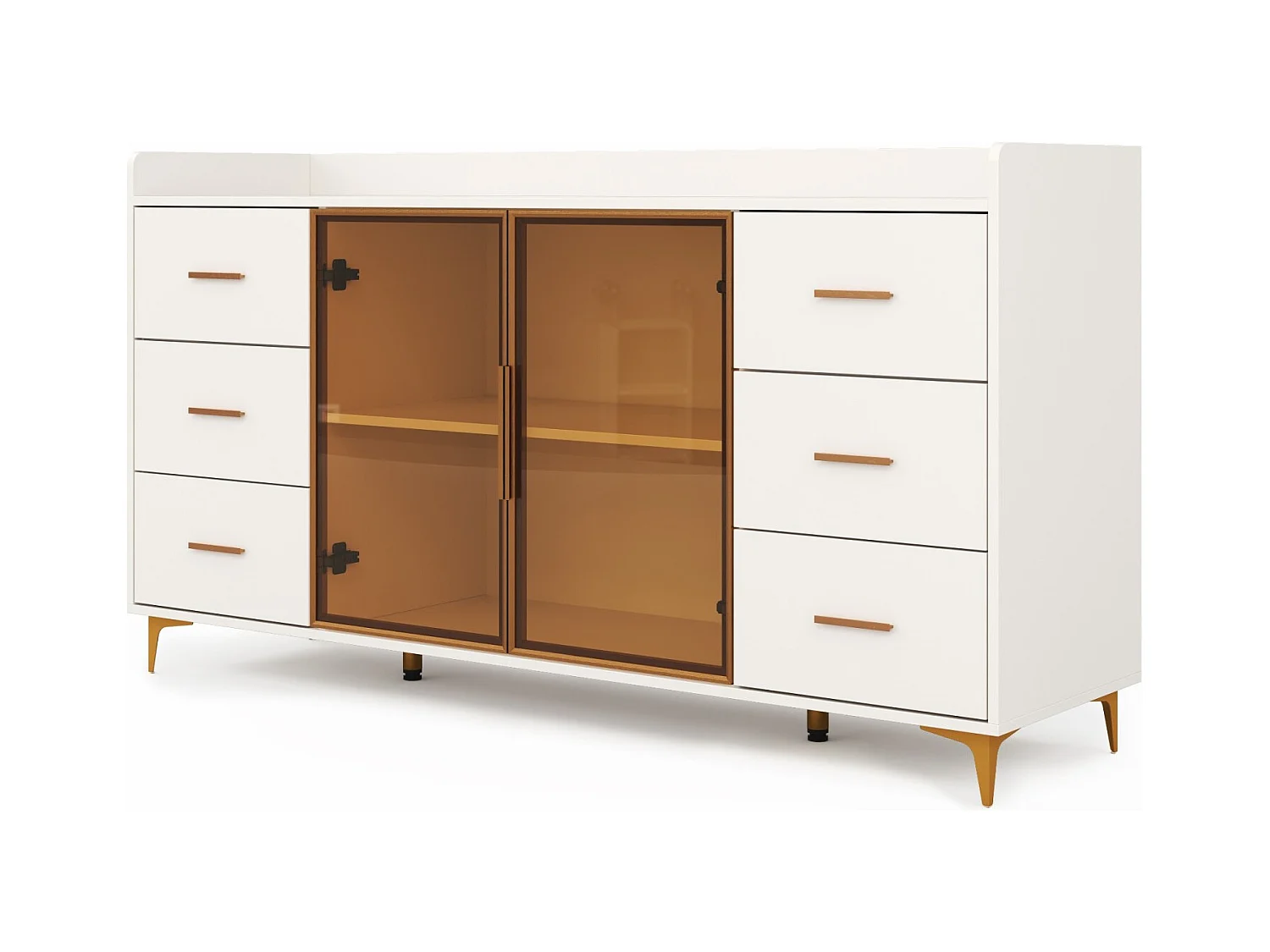 Armoire de cuisine moderne blanche 160x44x87 cm, 6 tiroirs portes en verre, LED, poignées métalliques, idéal cuisine, salon, chambre