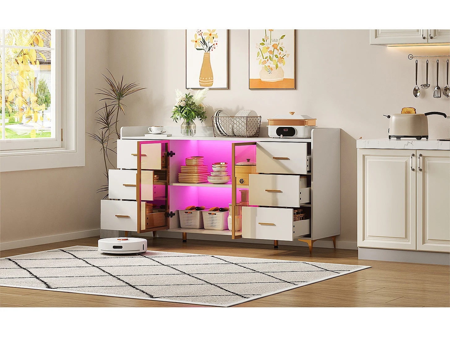 Mueble de cocina moderno blanco 160x44x87 cm, 6 cajones con puertas de cristal, luces LED, tiradores de metal, ideal para cocina, salón, dormitorio