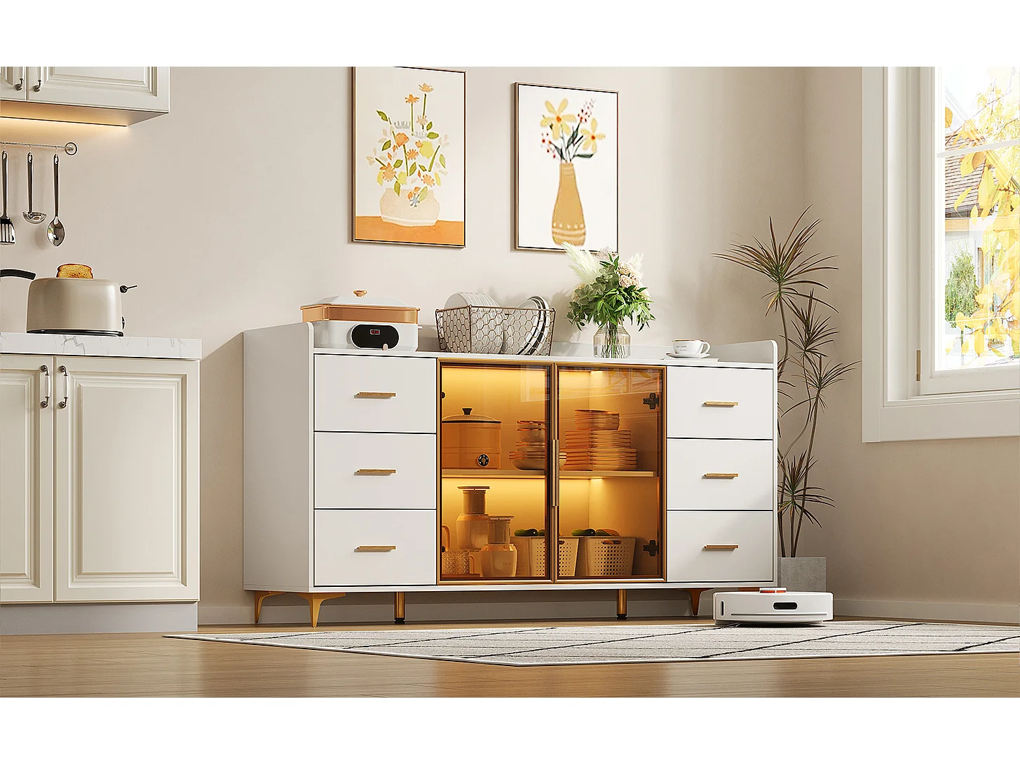 Mueble de cocina moderno blanco 160x44x87 cm, 6 cajones con puertas de cristal, luces LED, tiradores de metal, ideal para cocina, salón, dormitorio