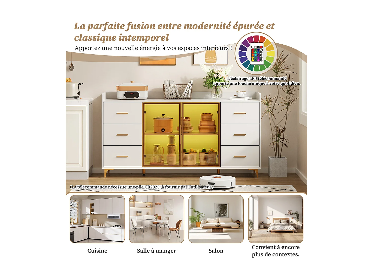 Mueble de cocina moderno blanco 160x44x87 cm, 6 cajones con puertas de cristal, luces LED, tiradores de metal, ideal para cocina, salón, dormitorio