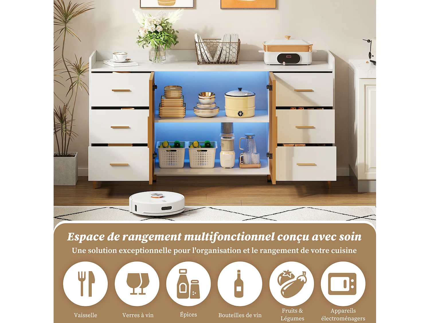 Mueble de cocina moderno blanco 160x44x87 cm, 6 cajones con puertas de cristal, luces LED, tiradores de metal, ideal para cocina, salón, dormitorio