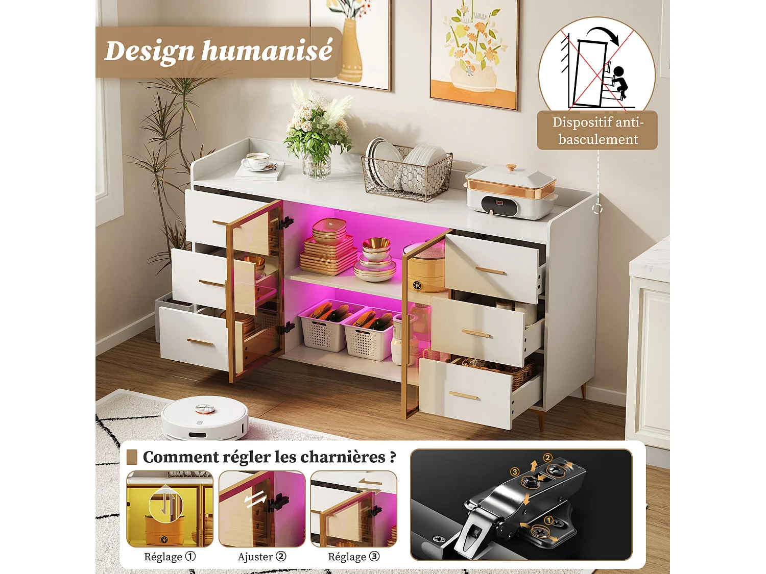 Mueble de cocina moderno blanco 160x44x87 cm, 6 cajones con puertas de cristal, luces LED, tiradores de metal, ideal para cocina, salón, dormitorio