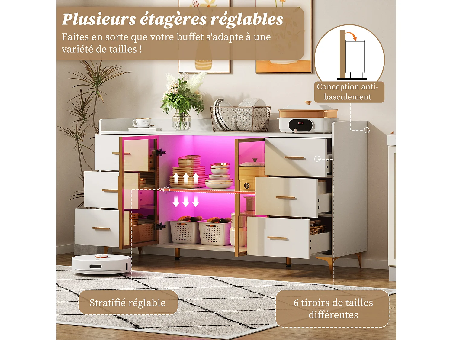 Mueble de cocina moderno blanco 160x44x87 cm, 6 cajones con puertas de cristal, luces LED, tiradores de metal, ideal para cocina, salón, dormitorio