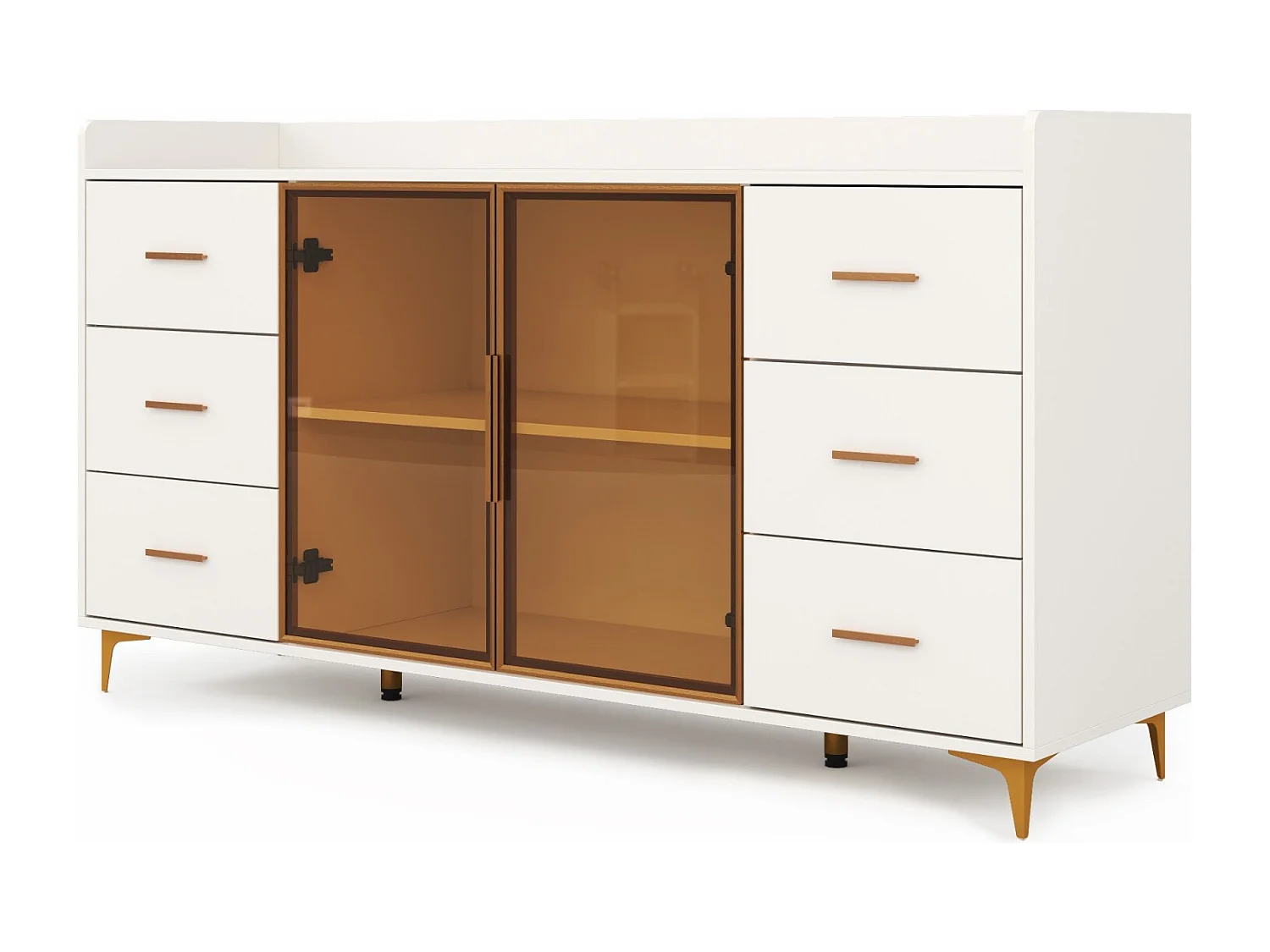 Mueble de cocina moderno blanco 160x44x87 cm, 6 cajones con puertas de cristal, luces LED, tiradores de metal, ideal para cocina, salón, dormitorio