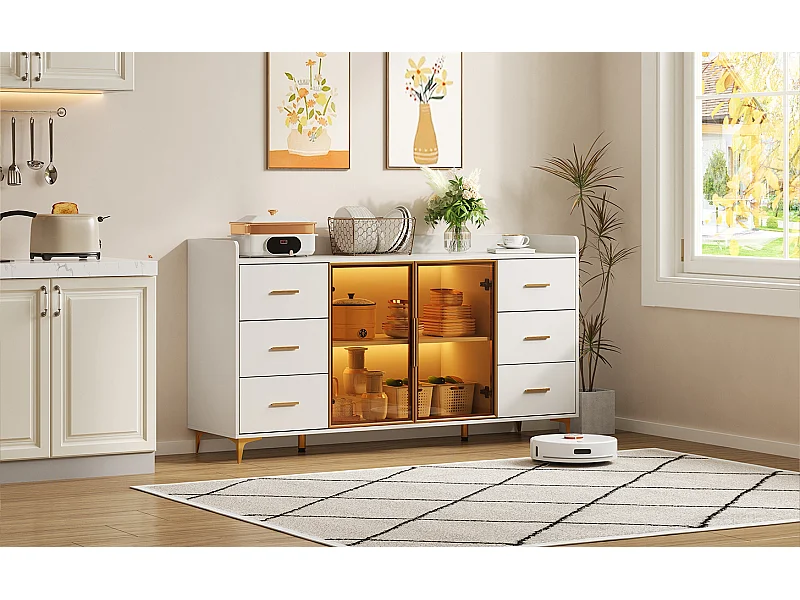 Armoire de cuisine moderne blanche 160x44x87 cm, 6 tiroirs portes en verre, LED, poignées métalliques, idéal cuisine, salon, chambre