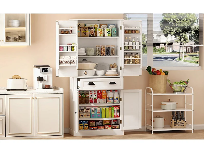 Armoire de rangement blanche, 4 portes et 1 tiroir, 6 compartiments, 4 étagères réglables, grande capacité, idéale cuisine, salle à manger, salon