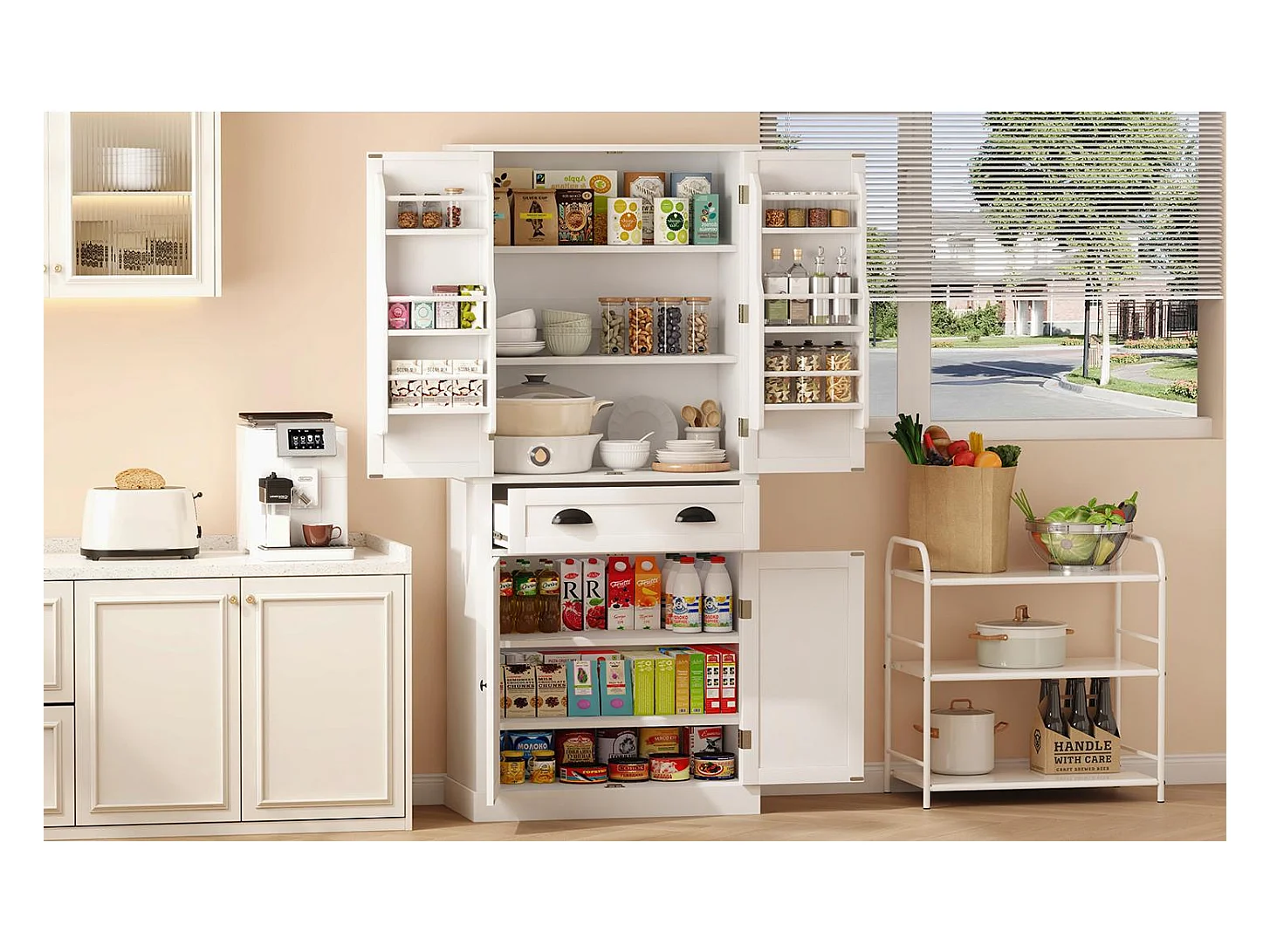 Armoire de rangement blanche, 4 portes et 1 tiroir, 6 compartiments, 4 étagères réglables, grande capacité, idéale cuisine, salle à manger, salon