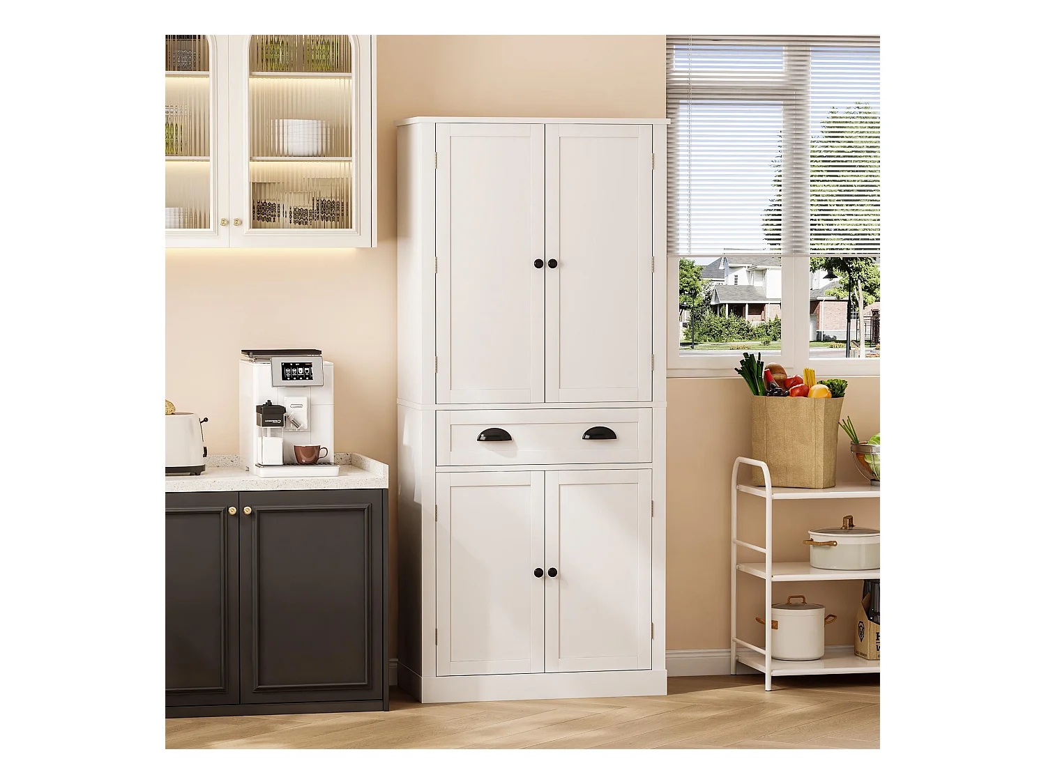 Armoire de rangement blanche, 4 portes et 1 tiroir, 6 compartiments, 4 étagères réglables, grande capacité, idéale cuisine, salle à manger, salon