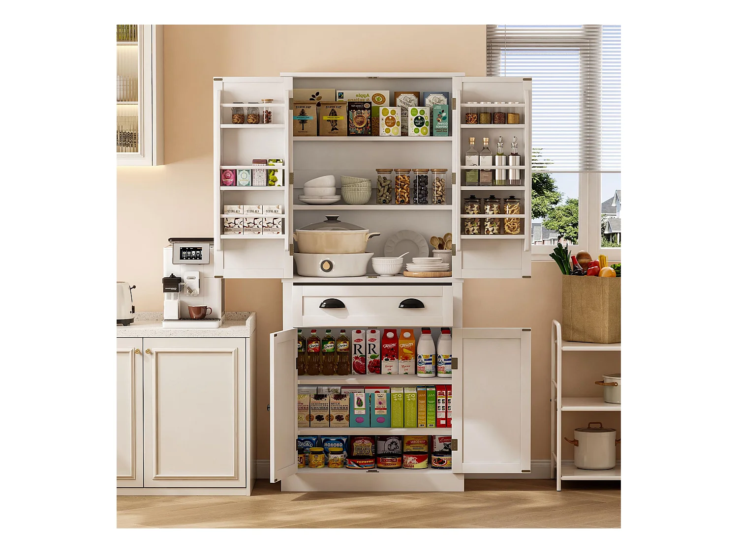 Armoire de rangement blanche, 4 portes et 1 tiroir, 6 compartiments, 4 étagères réglables, grande capacité, idéale cuisine, salle à manger, salon