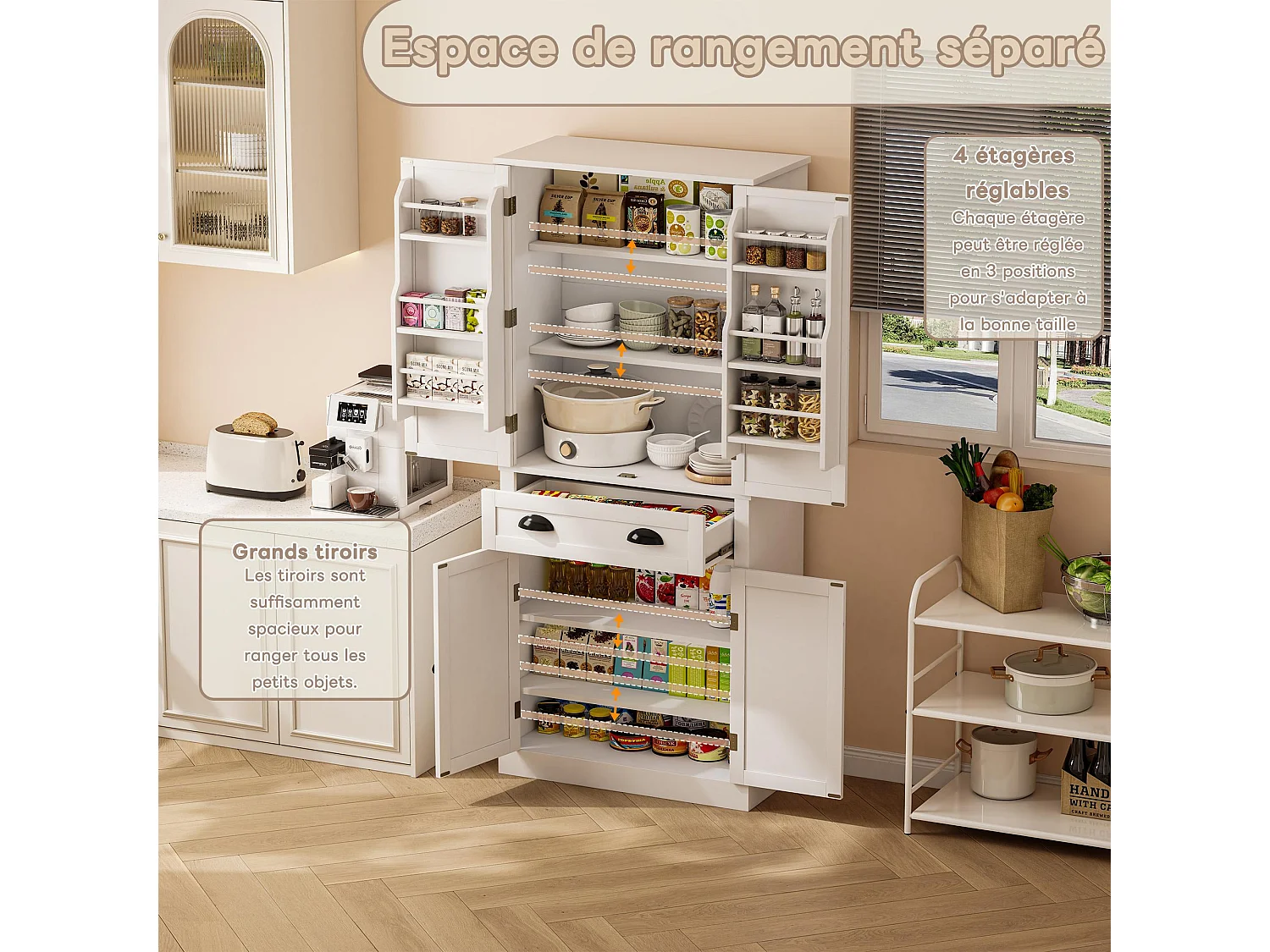 Armoire de rangement blanche, 4 portes et 1 tiroir, 6 compartiments, 4 étagères réglables, grande capacité, idéale cuisine, salle à manger, salon