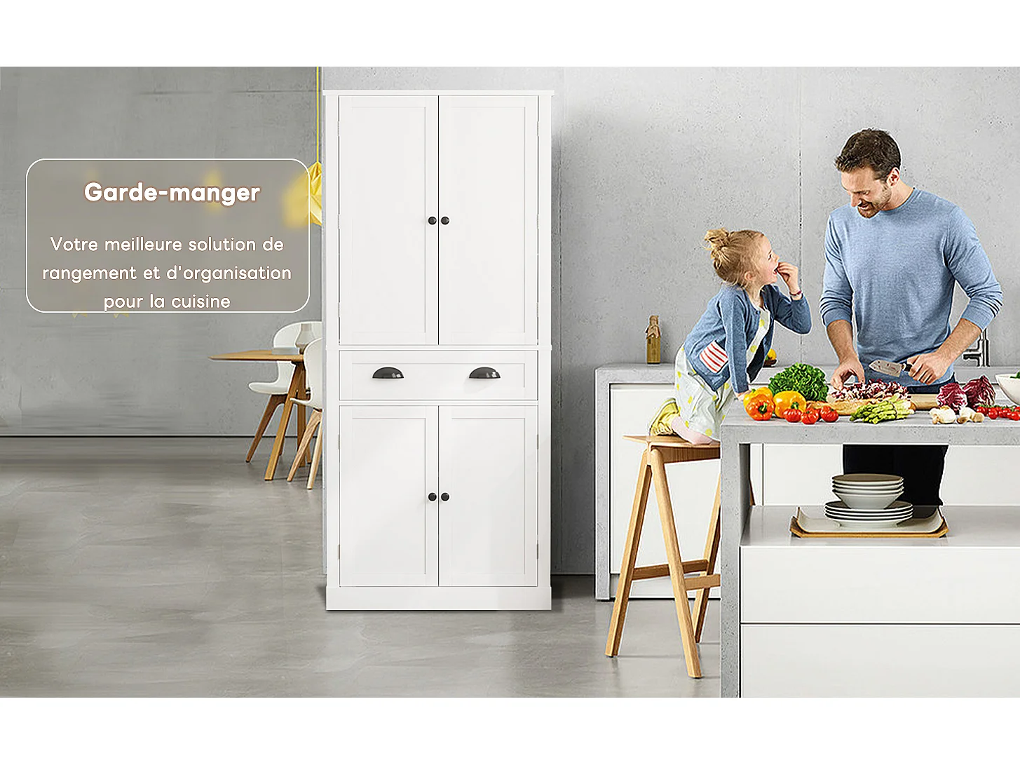 Armoire de rangement blanche, 4 portes et 1 tiroir, 6 compartiments, 4 étagères réglables, grande capacité, idéale cuisine, salle à manger, salon