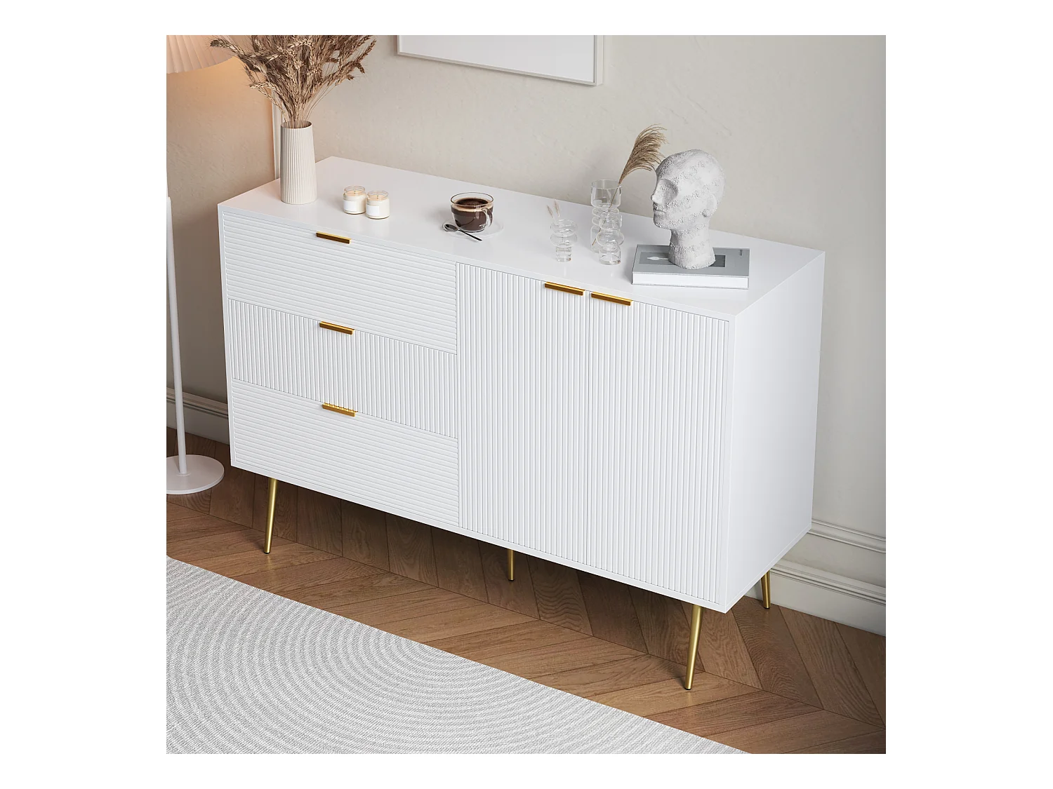Buffet de rangement avec portes, tiroirs et étagères intérieures – Commode élégante avec poignées et pieds dorés, idéale pour salon