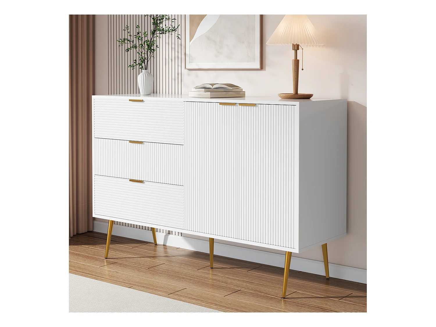 Buffet de rangement avec portes, tiroirs et étagères intérieures – Commode élégante avec poignées et pieds dorés, idéale pour salon