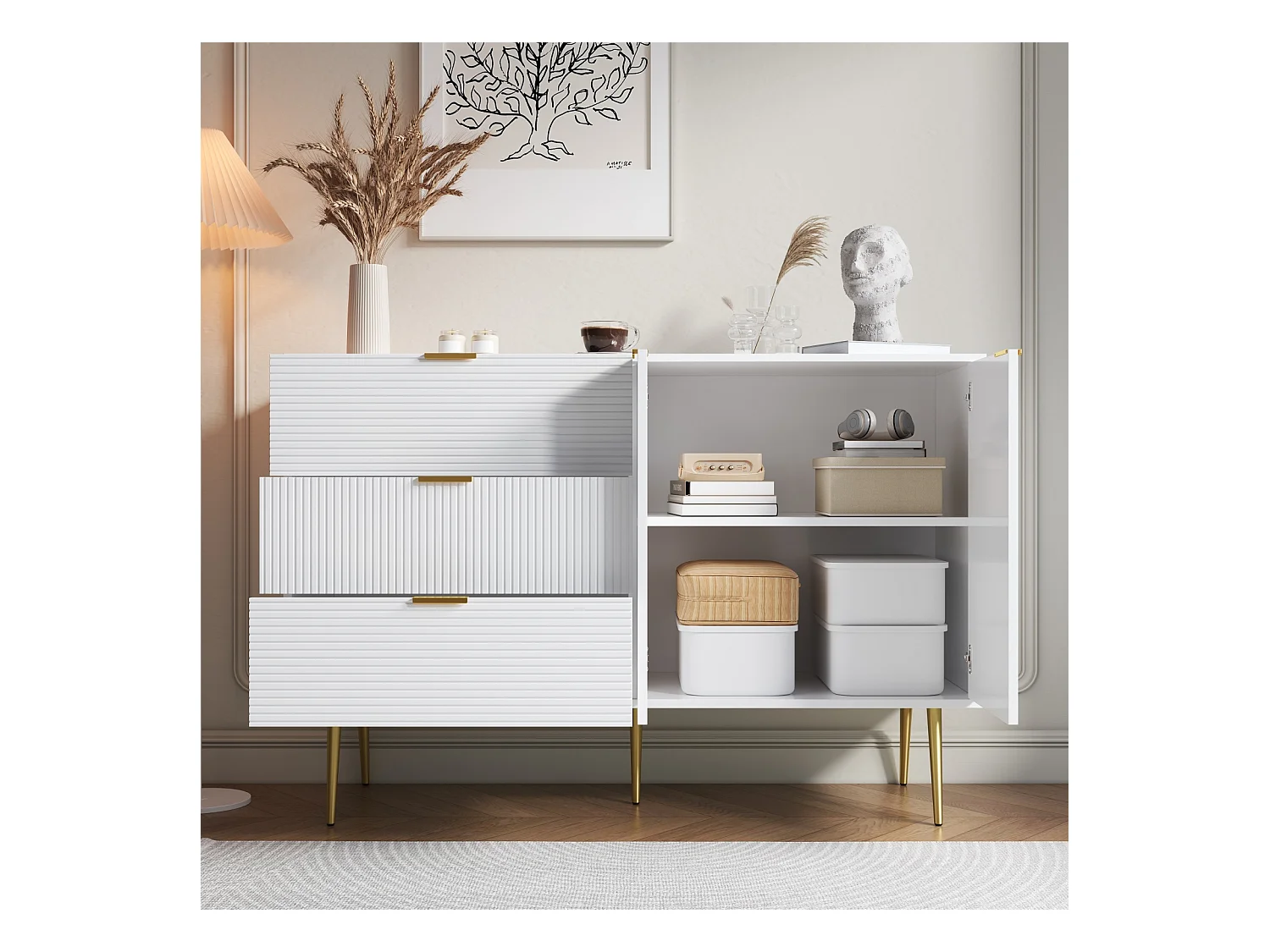 Buffet de rangement avec portes, tiroirs et étagères intérieures – Commode élégante avec poignées et pieds dorés, idéale pour salon