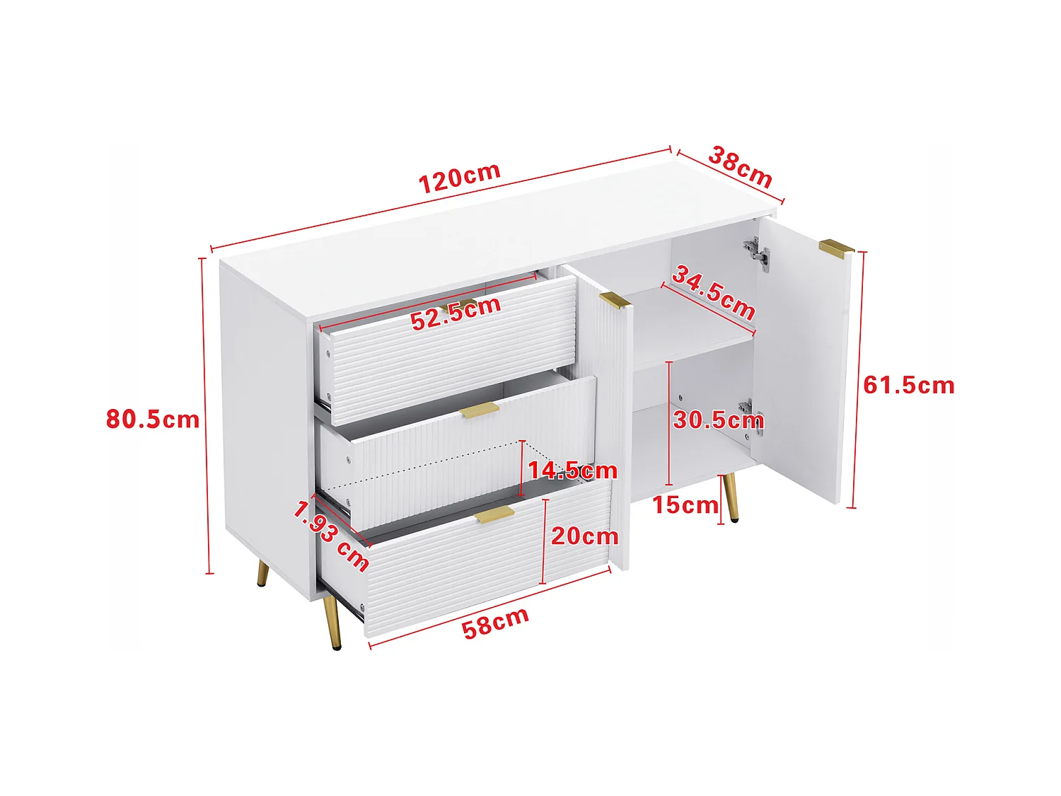 Buffet de rangement avec portes, tiroirs et étagères intérieures – Commode élégante avec poignées et pieds dorés, idéale pour salon