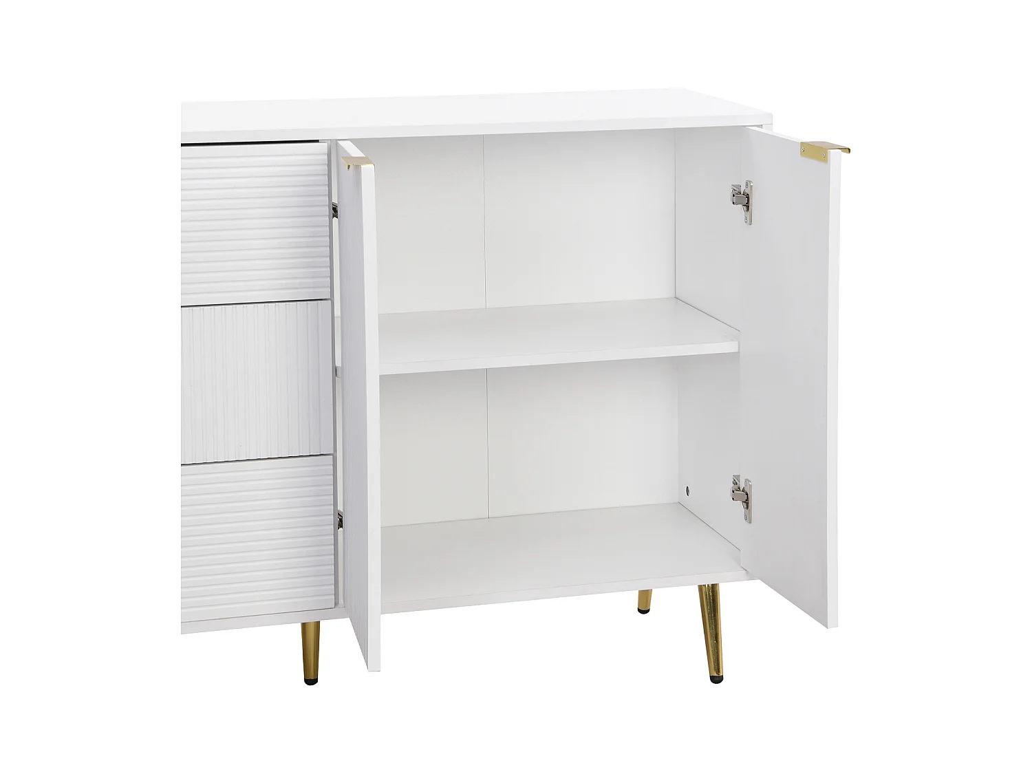 Buffet de rangement avec portes, tiroirs et étagères intérieures – Commode élégante avec poignées et pieds dorés, idéale pour salon
