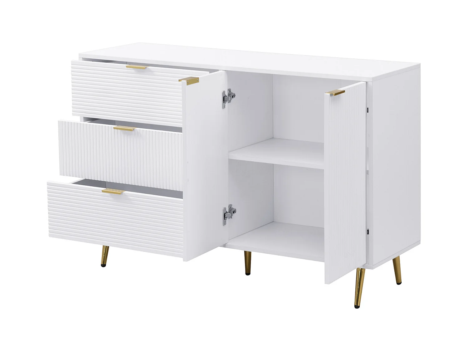Buffet de rangement avec portes, tiroirs et étagères intérieures – Commode élégante avec poignées et pieds dorés, idéale pour salon