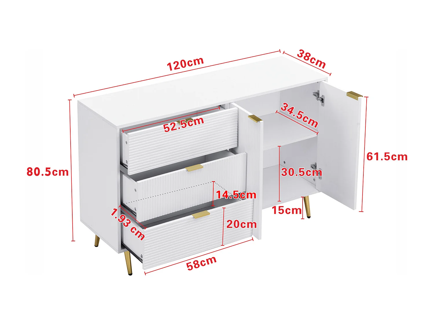 Aparador con puertas, cajones y estantes interiores - Elegante cómoda con tiradores y patas dorados, ideal para salón.