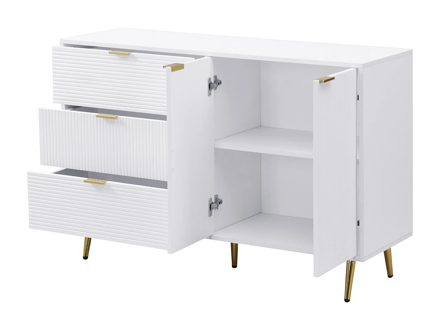 Aparador con puertas, cajones y estantes interiores - Elegante cómoda con tiradores y patas dorados, ideal para salón.