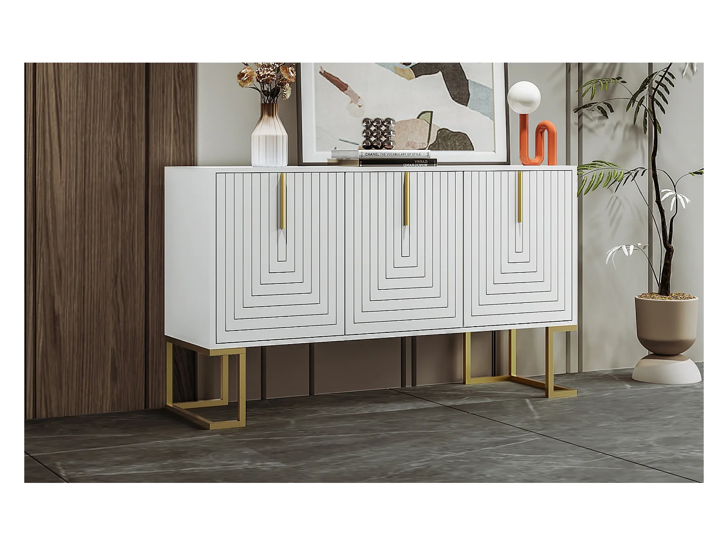 Buffet moderne 3 portes avec étagères réglables, portes en U, poignées et socle en métal, Idéal pour salle à manger et cuisine, Blanc