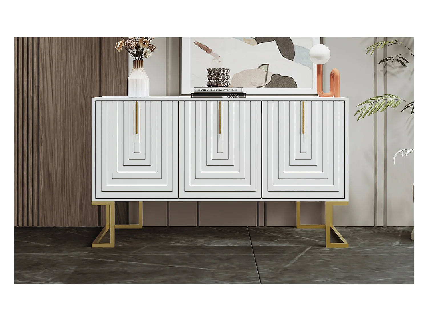 Buffet moderne 3 portes avec étagères réglables, portes en U, poignées et socle en métal, Idéal pour salle à manger et cuisine, Blanc