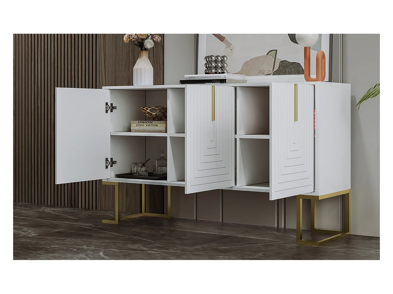 Buffet moderne 3 portes avec étagères réglables, portes en U, poignées et socle en métal, Idéal pour salle à manger et cuisine, Blanc