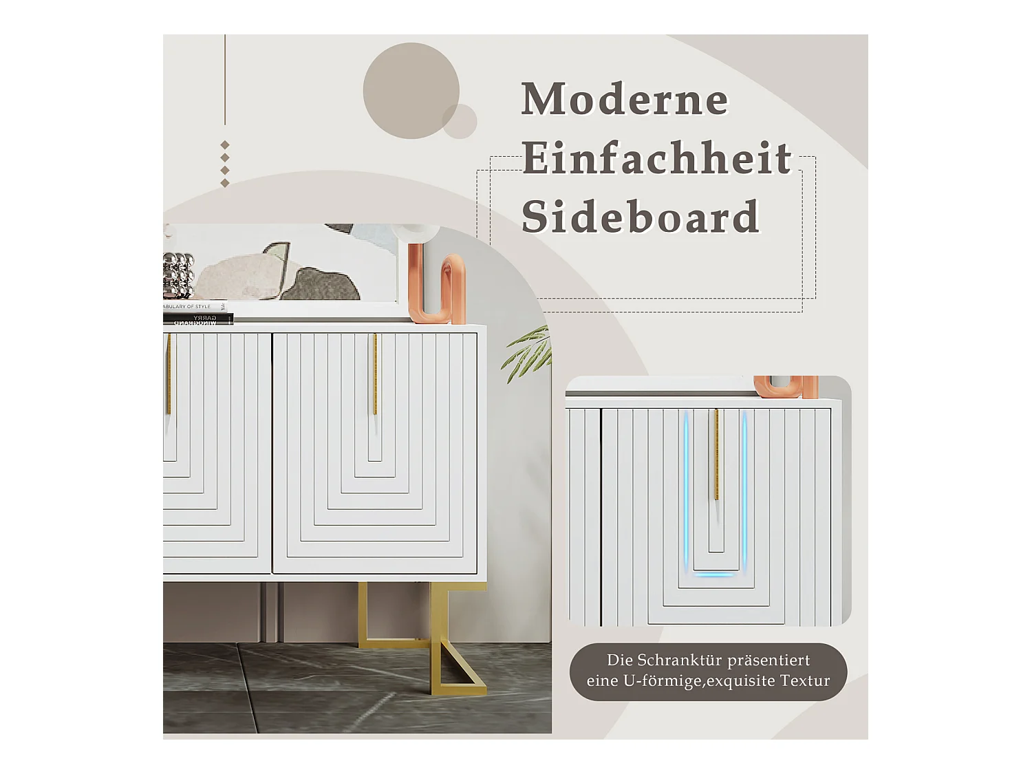 Buffet moderne 3 portes avec étagères réglables, portes en U, poignées et socle en métal, Idéal pour salle à manger et cuisine, Blanc