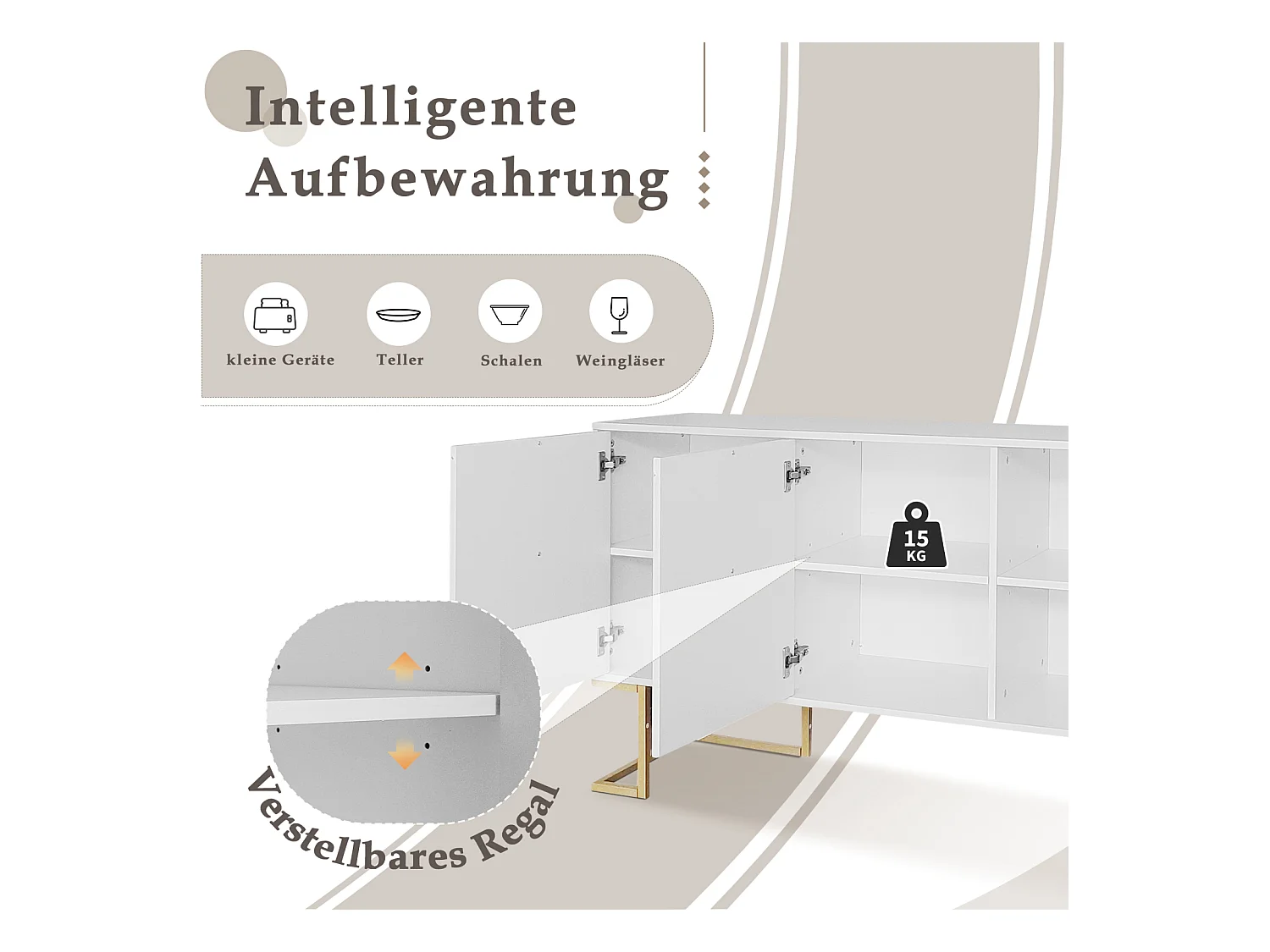 Buffet moderne 3 portes avec étagères réglables, portes en U, poignées et socle en métal, Idéal pour salle à manger et cuisine, Blanc