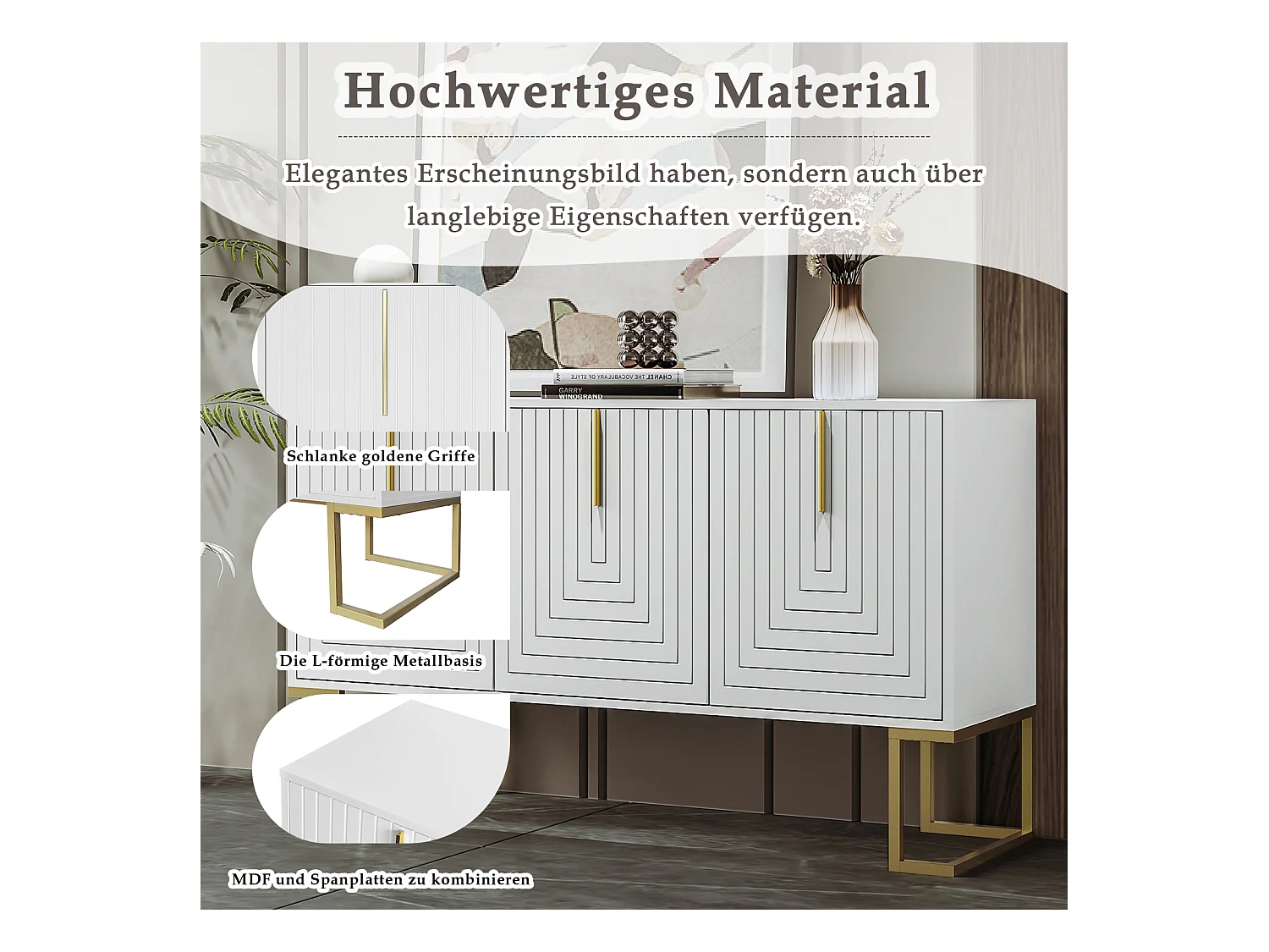 Buffet moderne 3 portes avec étagères réglables, portes en U, poignées et socle en métal, Idéal pour salle à manger et cuisine, Blanc