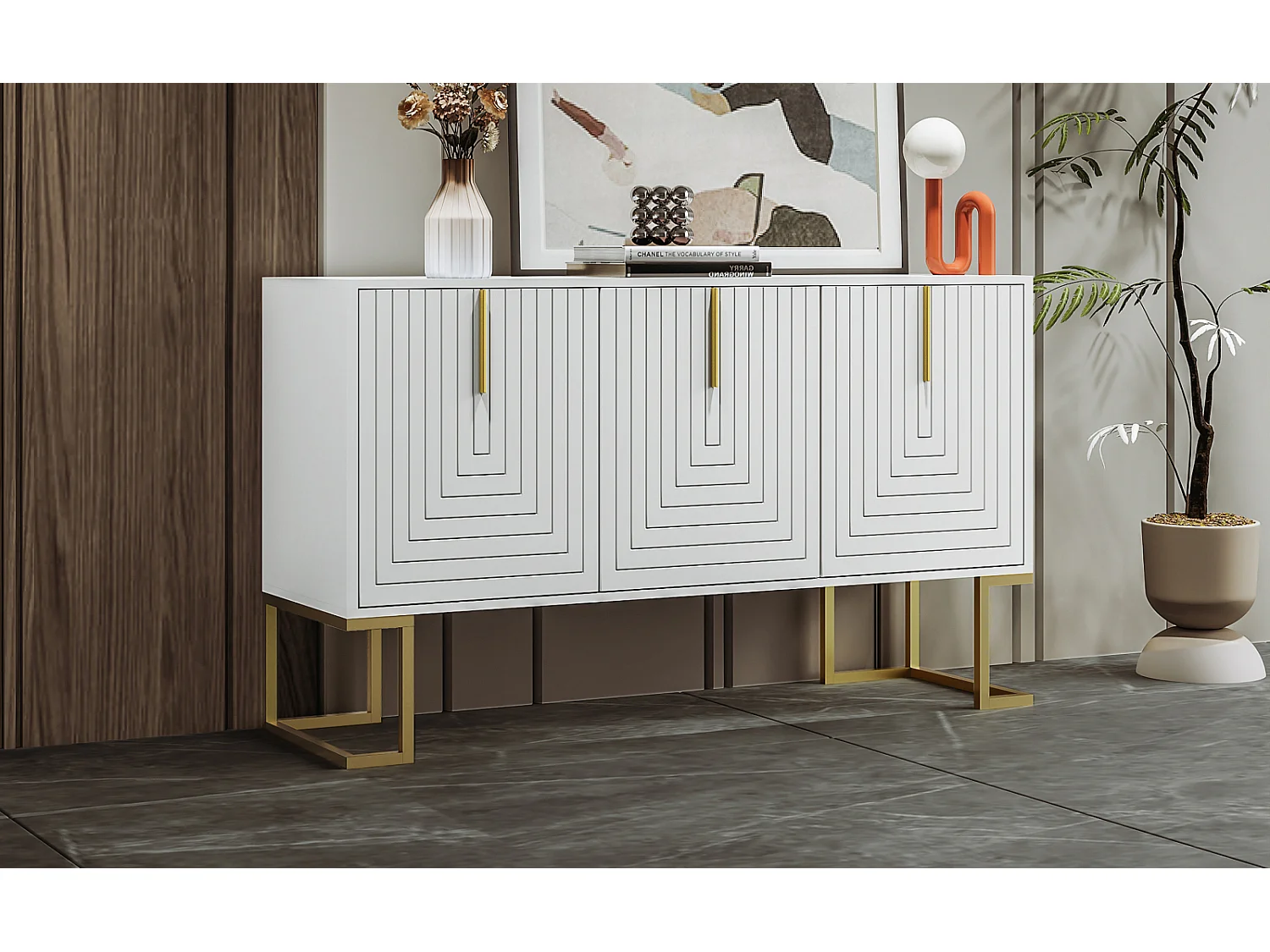 Aparador moderno de 3 puertas con estantes regulables, puertas en forma de U, tiradores y base de metal, Ideal para comedor y cocina, Color blanco