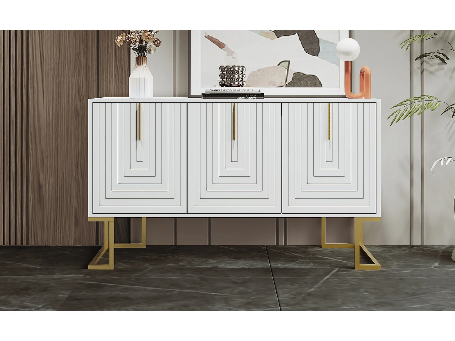 Aparador moderno de 3 puertas con estantes regulables, puertas en forma de U, tiradores y base de metal, Ideal para comedor y cocina, Color blanco