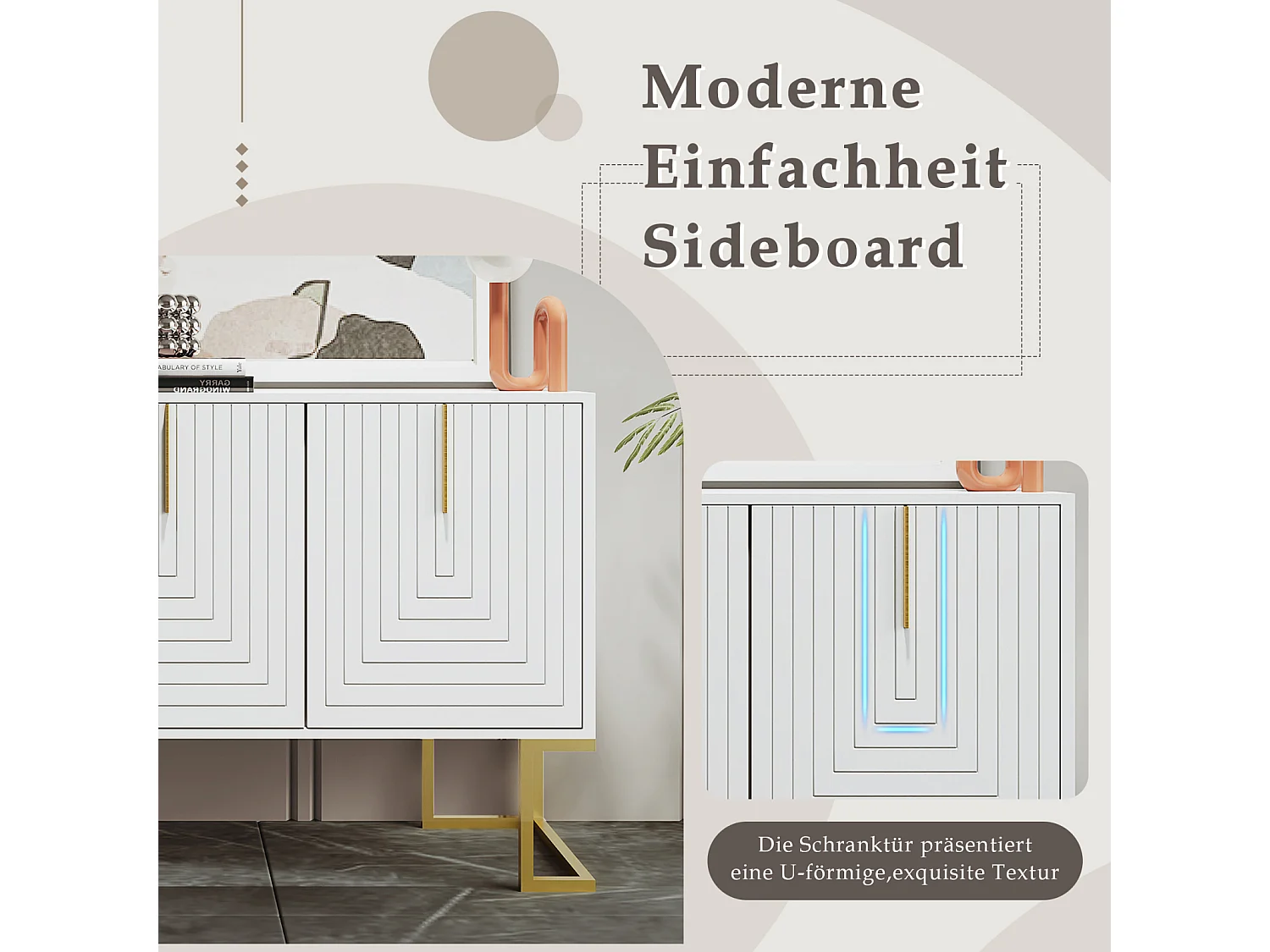 Aparador moderno de 3 puertas con estantes regulables, puertas en forma de U, tiradores y base de metal, Ideal para comedor y cocina, Color blanco