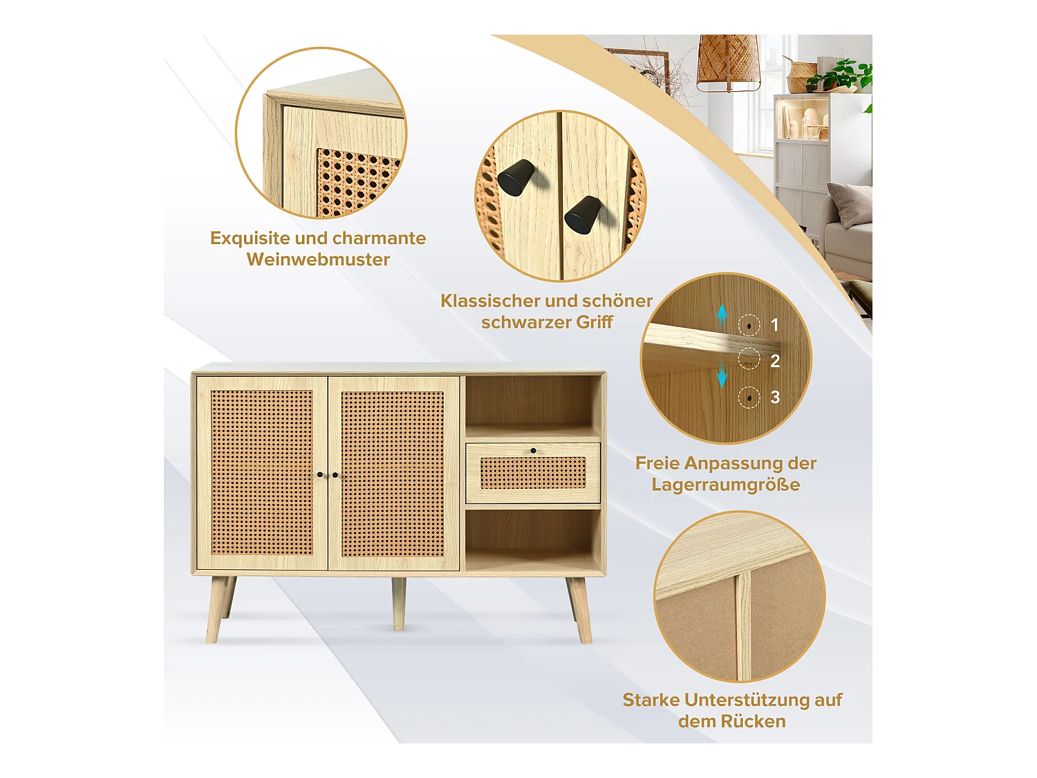 Buffet avec 1 tiroir et 2 portes magnétiques en rotin, pieds en bois massif, noir et étagères réglables, Meuble élégant en chêne