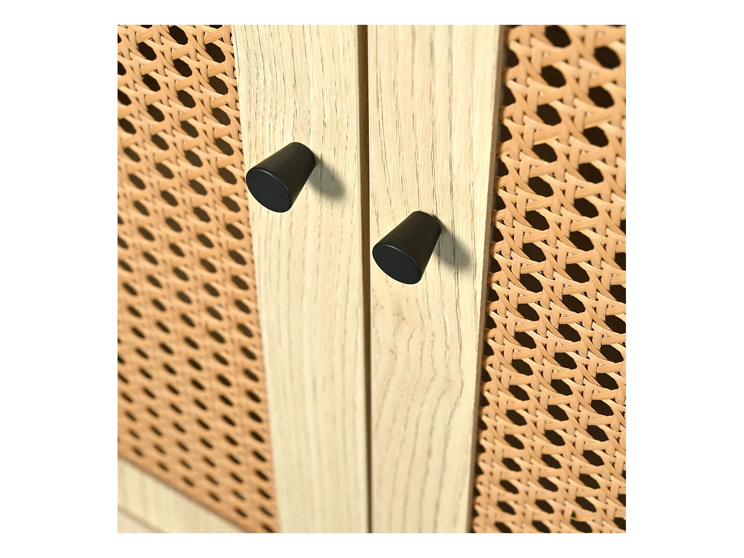 Buffet avec 1 tiroir et 2 portes magnétiques en rotin, pieds en bois massif, noir et étagères réglables, Meuble élégant en chêne