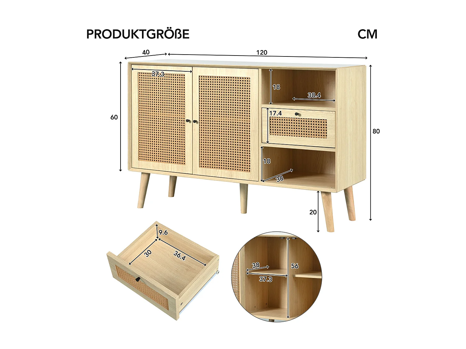 Aparador con 1 cajón y 2 puertas de ratán magnético, patas de madera maciza, estantes negros y regulables, Elegante mueble de roble