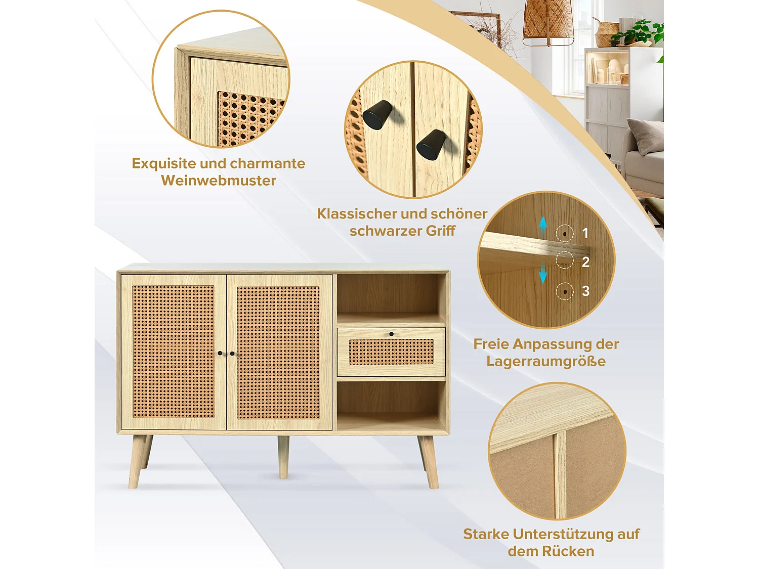 Aparador con 1 cajón y 2 puertas de ratán magnético, patas de madera maciza, estantes negros y regulables, Elegante mueble de roble