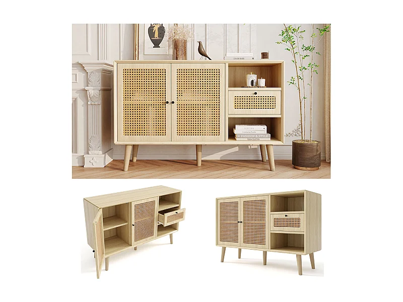 Dressoir met 1 lade en 2 magnetische rotandeuren, poten van massief hout, zwarte en verstelbare planken, elegant eiken meubel