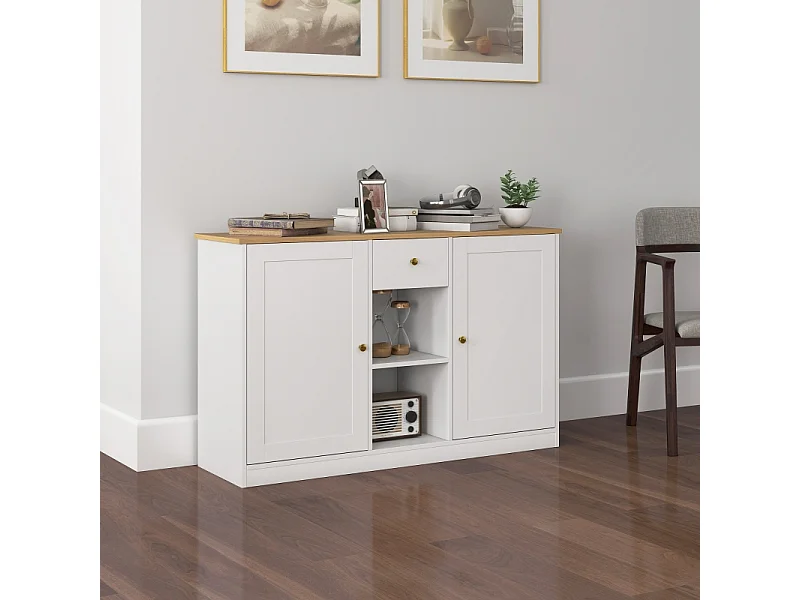 Buffet blanc avec tiroir, 2 portes et 2 étagères ouvertes – Design moderne et pratique, 120 x 35 x 75,2 cm, idéal pour cuisine et salon