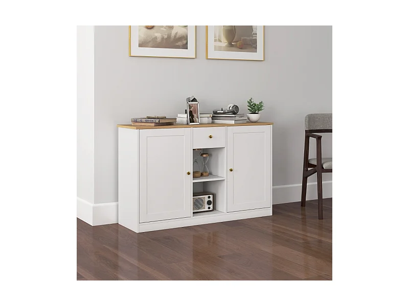 Buffet blanc avec tiroir, 2 portes et 2 étagères ouvertes – Design moderne et pratique, 120 x 35 x 75,2 cm, idéal pour cuisine et salon