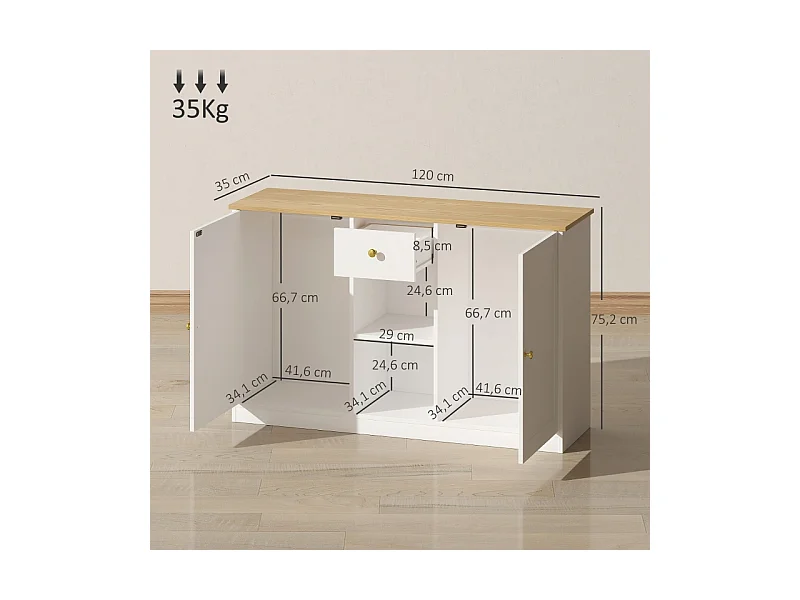 Buffet blanc avec tiroir, 2 portes et 2 étagères ouvertes – Design moderne et pratique, 120 x 35 x 75,2 cm, idéal pour cuisine et salon