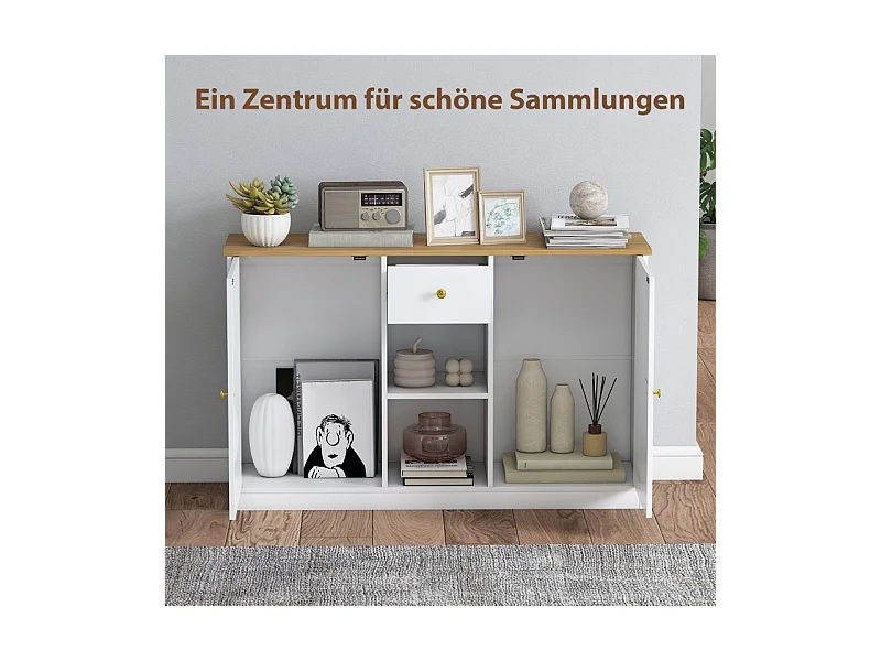 Buffet blanc avec tiroir, 2 portes et 2 étagères ouvertes – Design moderne et pratique, 120 x 35 x 75,2 cm, idéal pour cuisine et salon