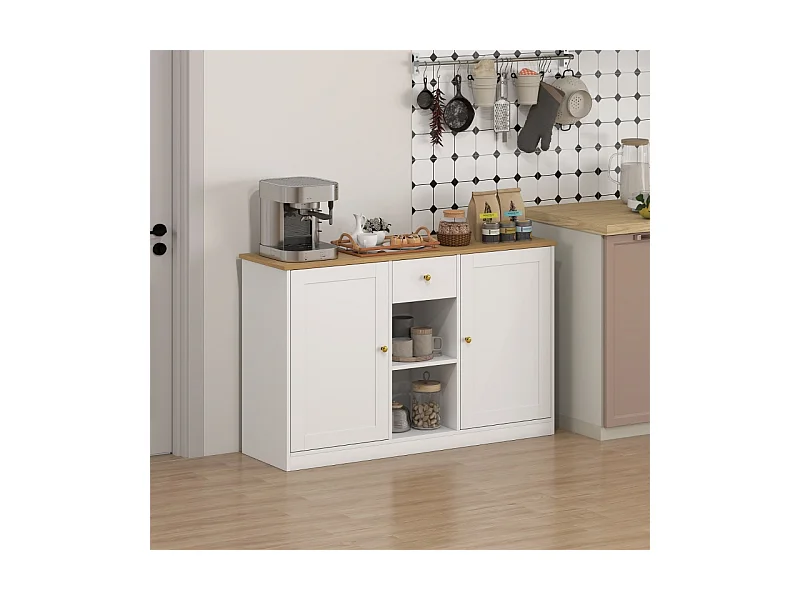 Buffet blanc avec tiroir, 2 portes et 2 étagères ouvertes – Design moderne et pratique, 120 x 35 x 75,2 cm, idéal pour cuisine et salon