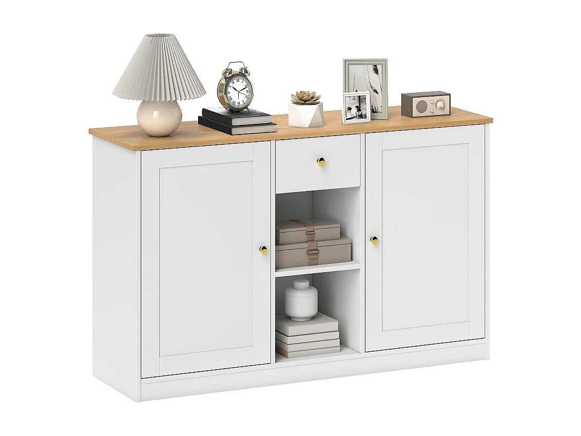 Buffet blanc avec tiroir, 2 portes et 2 étagères ouvertes – Design moderne et pratique, 120 x 35 x 75,2 cm, idéal pour cuisine et salon