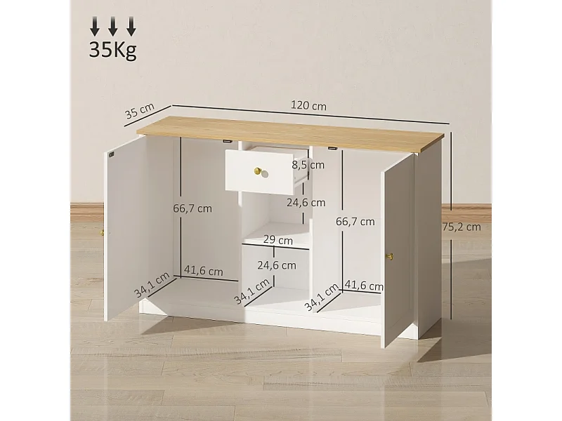 Buffet blanc avec tiroir, 2 portes et 2 étagères ouvertes – Design moderne et pratique, 120 x 35 x 75,2 cm, idéal pour cuisine et salon