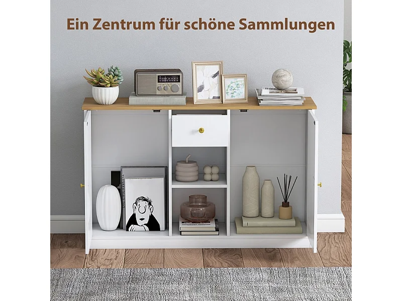 Buffet blanc avec tiroir, 2 portes et 2 étagères ouvertes – Design moderne et pratique, 120 x 35 x 75,2 cm, idéal pour cuisine et salon