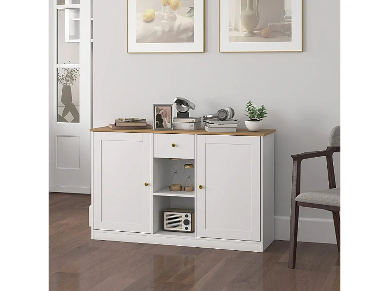 Buffet blanc avec tiroir, 2 portes et 2 étagères ouvertes – Design moderne et pratique, 120 x 35 x 75,2 cm, idéal pour cuisine et salon